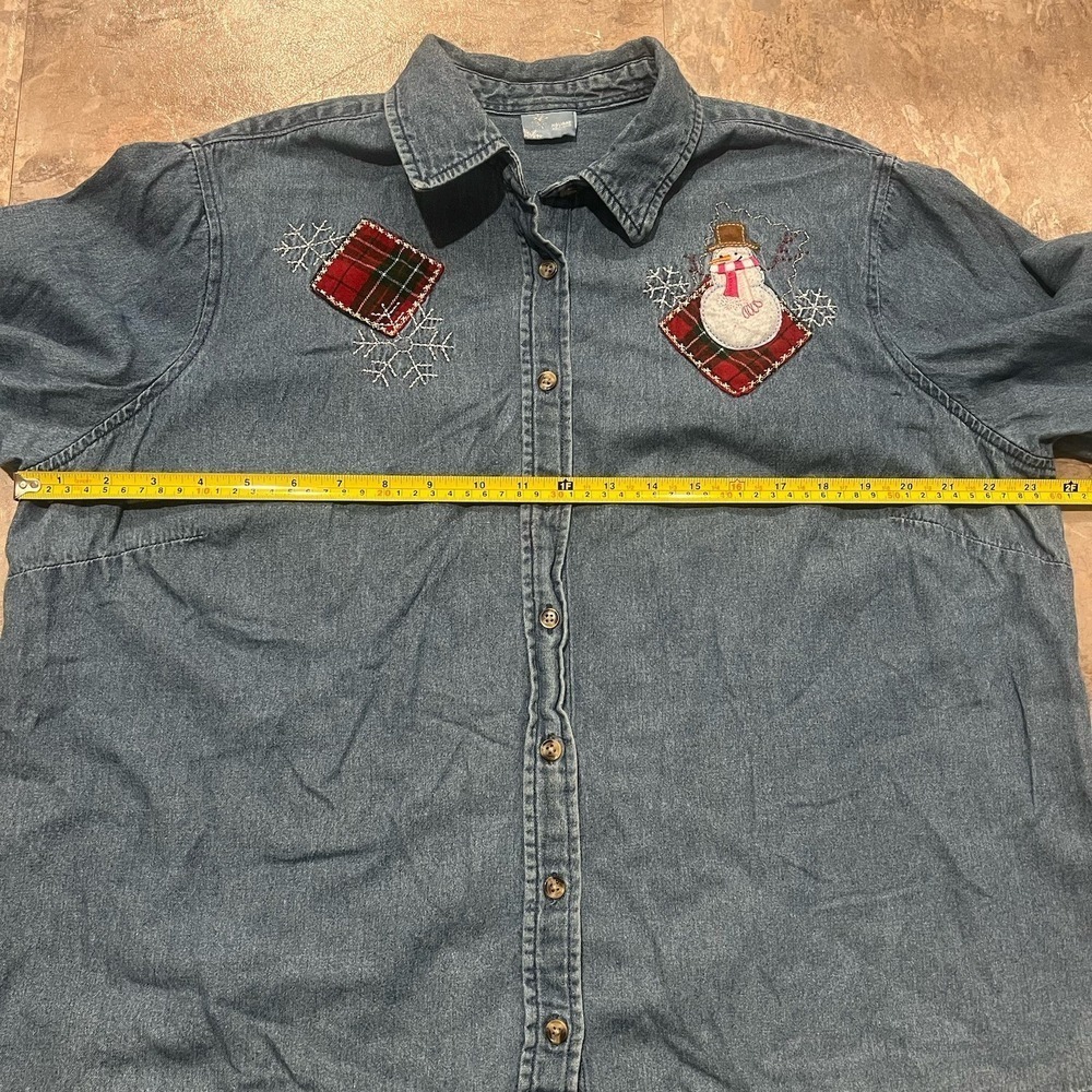 90s Denim Button Up Christmas Shirt Snowman Embroidered Holiday Top Womens XL - Picture 8 of 10